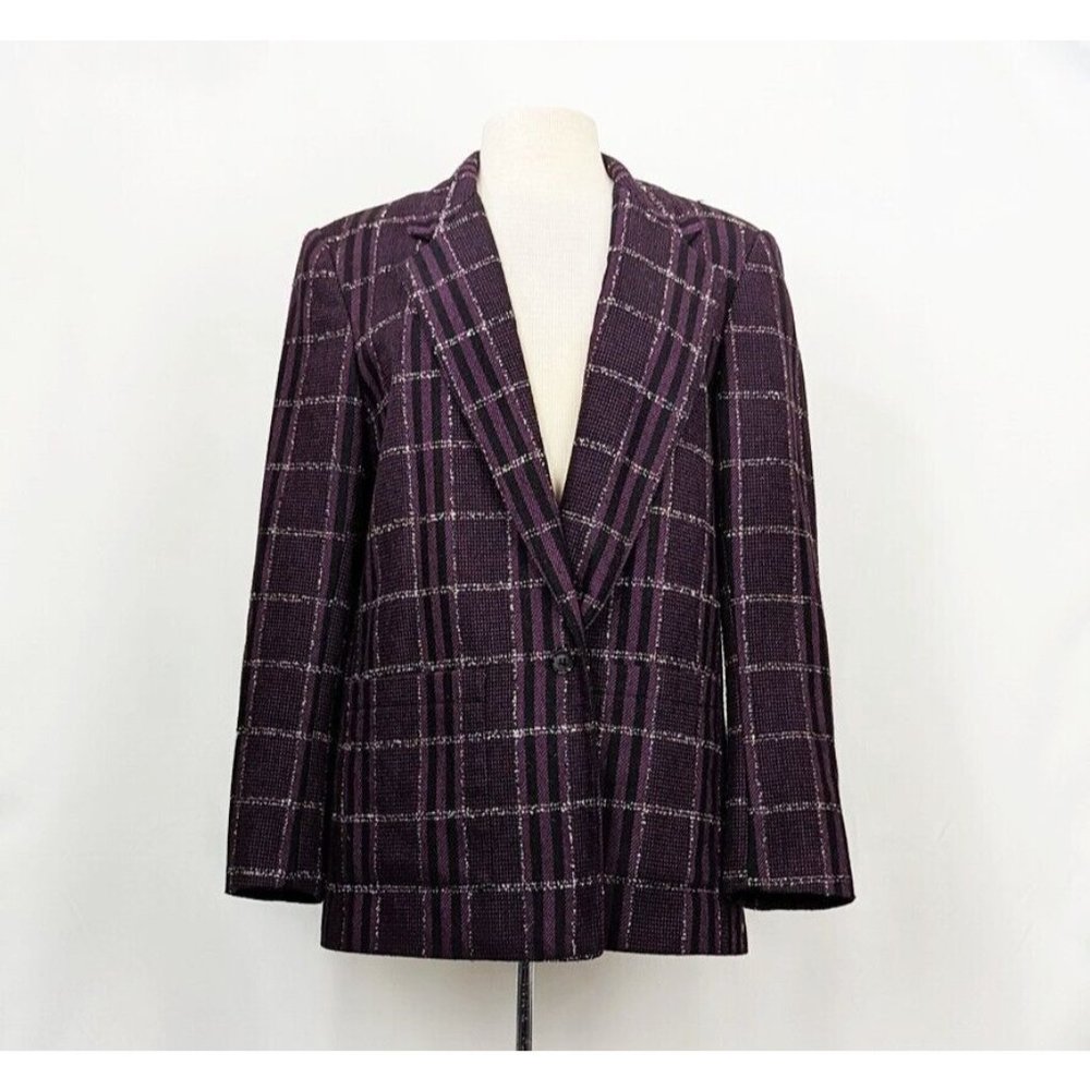 Vintage 80s Jacket Purple Black White Plaid Academia Blazer Women's Size 10